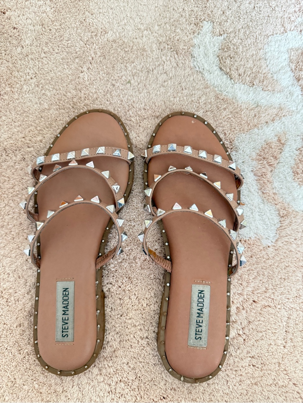 Steve Madden Brown Studded Triple-Strap Slide Sandals. work once!